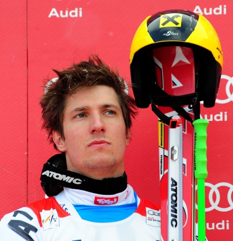 Austrian Marcel Hirscher celebrates his victory in the men s giant slalom of