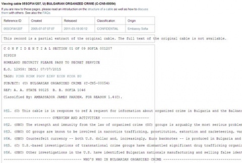 Bulgaria: WikiLeaks Releases 'Uncensored' US Cable on Organized Crime in Bulgaria